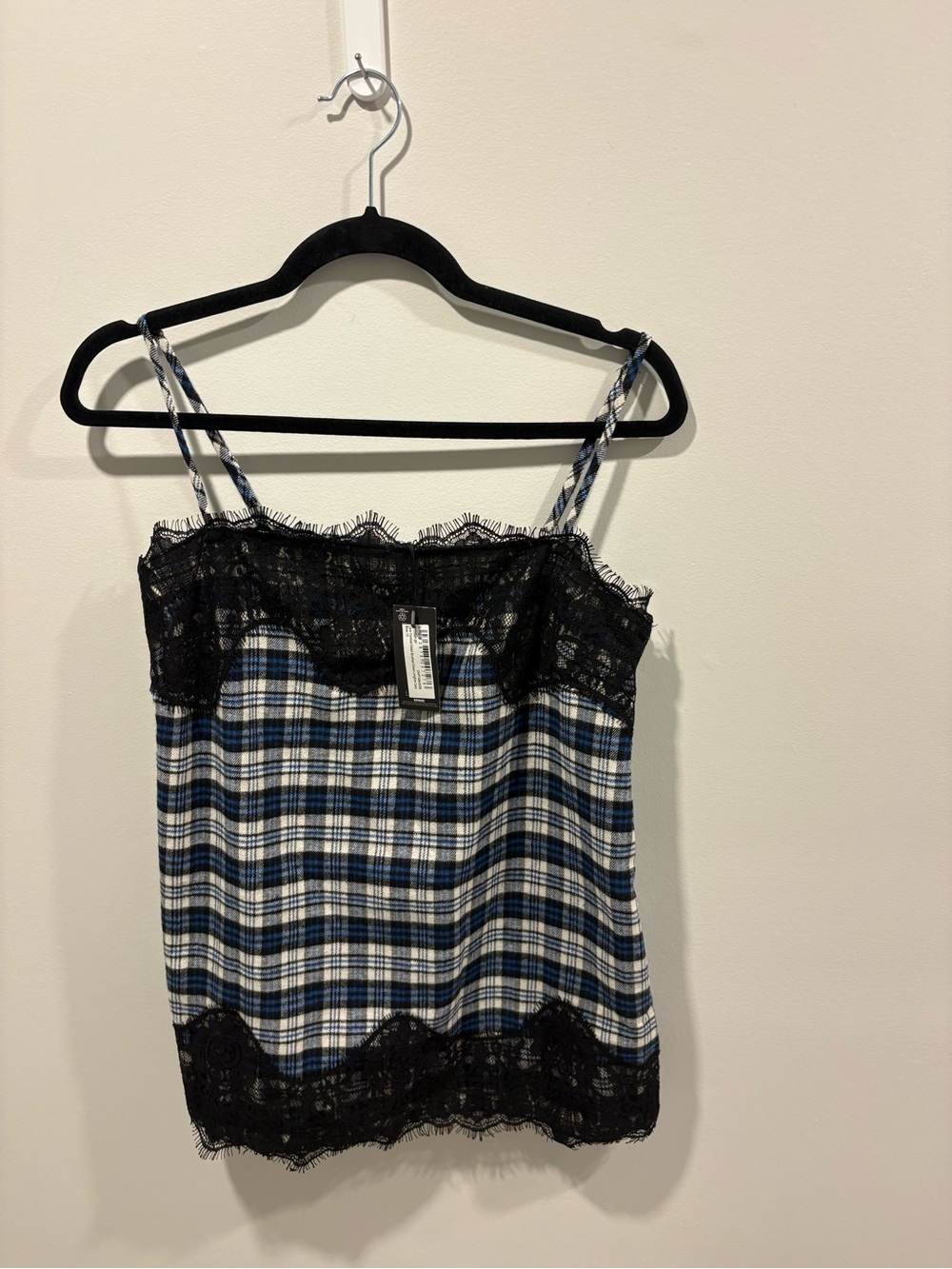 Plaid Lace-Trim Cami Top in Blue and White